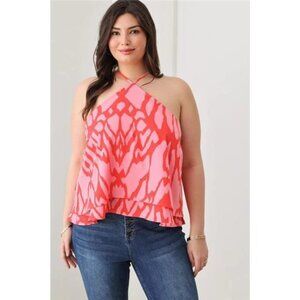 Plus Size Abstract Print Halter Ruffle Hem Top